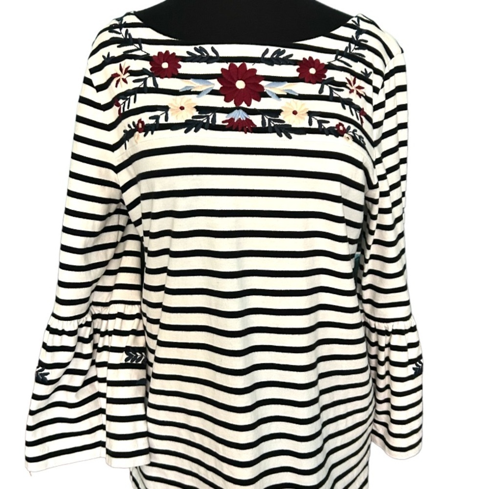 J Crew Striped Bell Sleeve Floral Embroidered Top Size Medium
